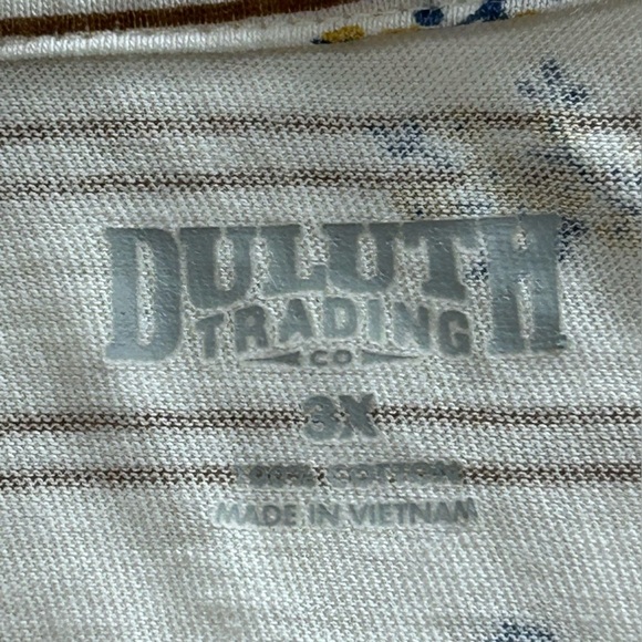 Duluth Trading Co Cream Short Sleeve Tee Blue/Gold Floral Brown Stripe Pattern - Picture 10 of 11